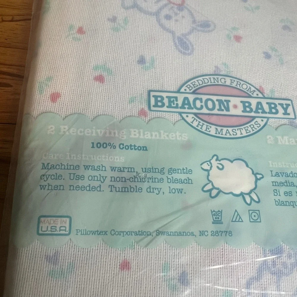 Vintage Beacon Baby‎ Receiving Blankets 30x30 White Bunny Floral 2pk Cotton NEW